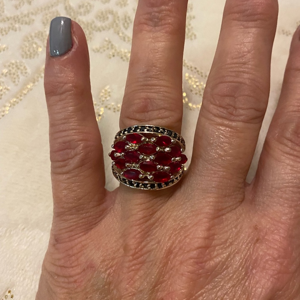 Beautiful Dome Ring with Red Marquis and Blue Round CZ Stones, Sterling Silver